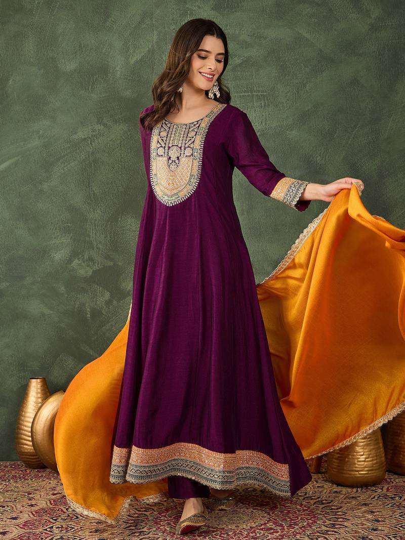 Embroidered Vichitra Silk Flared Anarkali Pant and Dupatta Set