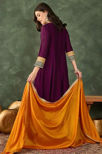 Embroidered Vichitra Silk Flared Anarkali Pant and Dupatta Set