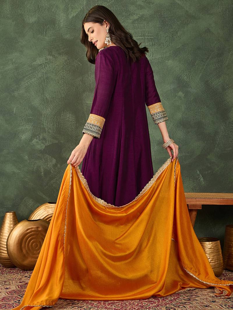 Embroidered Vichitra Silk Flared Anarkali Pant and Dupatta Set