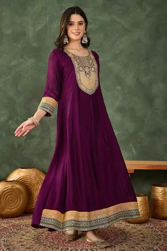 Embroidered Vichitra Silk Flared Anarkali Pant and Dupatta Set