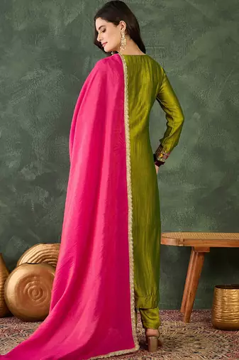 Embroidered Vichitra Silk Flared Kurta Pant and Dupatta Set
