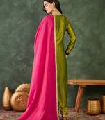 Embroidered Vichitra Silk Flared Kurta Pant and Dupatta Set