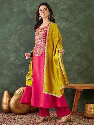 Embroidered Vichitra Silk Flared Kurta Pant and Dupatta Set 1