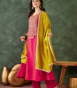 Embroidered Vichitra Silk Flared Kurta Pant and Dupatta Set