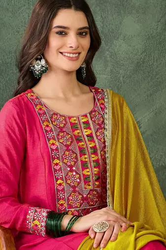 Embroidered Vichitra Silk Flared Kurta Pant and Dupatta Set