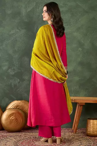 Embroidered Vichitra Silk Flared Kurta Pant and Dupatta Set