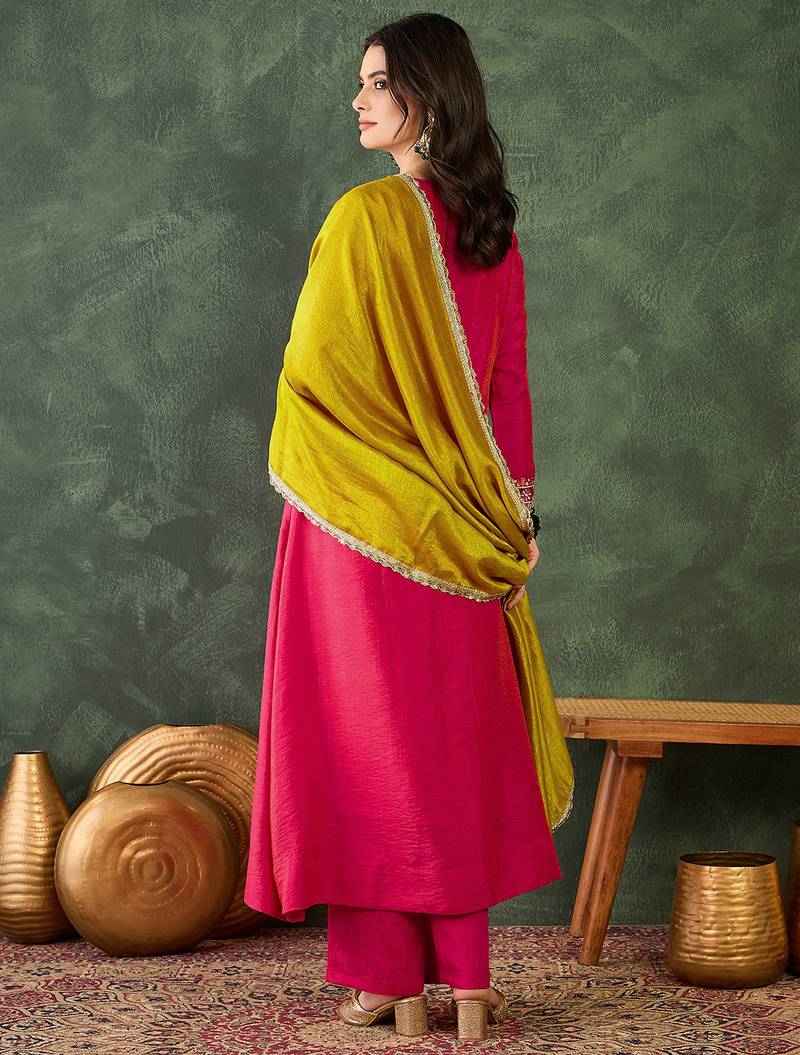 Embroidered Vichitra Silk Flared Kurta Pant and Dupatta Set