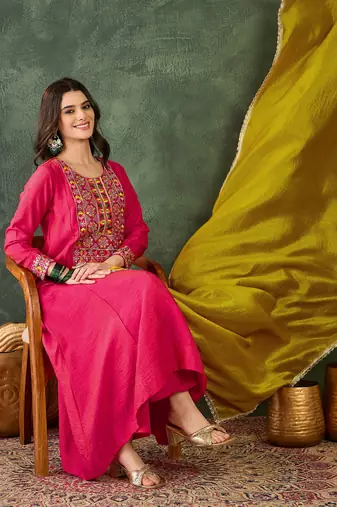 Embroidered Vichitra Silk Flared Kurta Pant and Dupatta Set