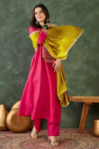 Embroidered Vichitra Silk Flared Kurta Pant and Dupatta Set