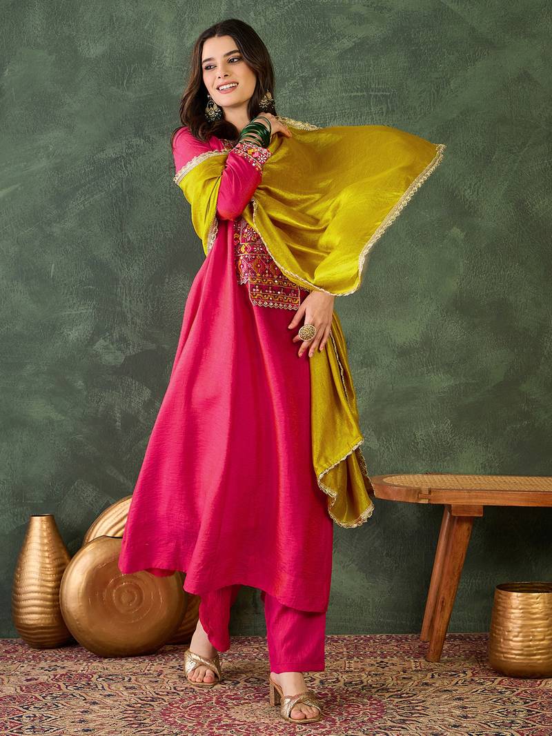 Embroidered Vichitra Silk Flared Kurta Pant and Dupatta Set
