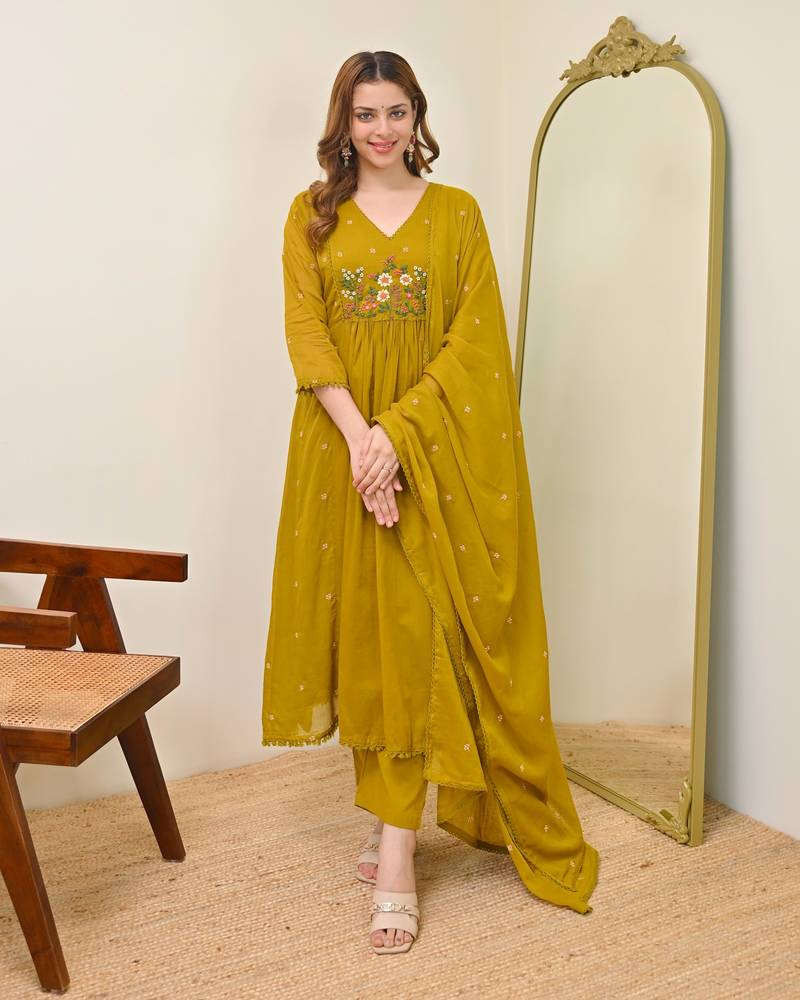 Embroidered Chanderi Flared Kurta Pant and Dupatta Set