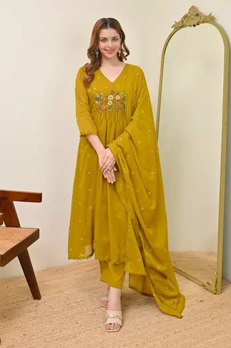 Embroidered Chanderi Flared Kurta Pant and Dupatta Set