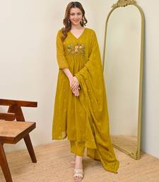 Embroidered Chanderi Flared Kurta Pant and Dupatta Set