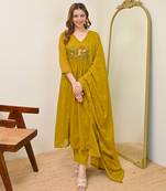 Embroidered Chanderi Flared Kurta Pant and Dupatta Set