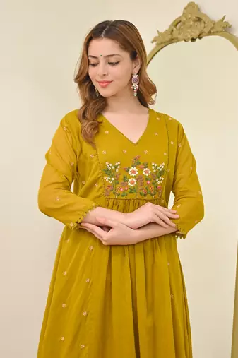 Embroidered Chanderi Flared Kurta Pant and Dupatta Set