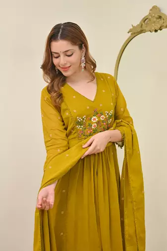 Embroidered Chanderi Flared Kurta Pant and Dupatta Set