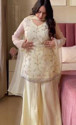 Women's Gorgeous Embroidery Work Georgette Silk Fabric Straight Kurta Sharara and Dupatta Set 1