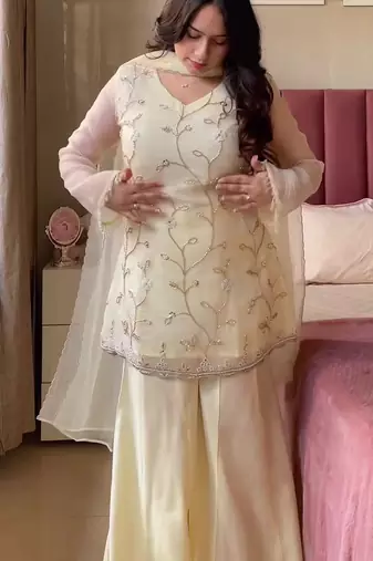 Women's Gorgeous Embroidery Work Georgette Silk Fabric Straight Kurta Sharara and Dupatta Set