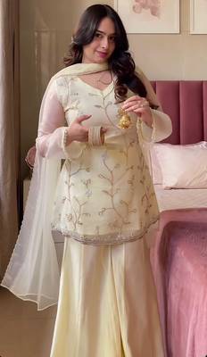 Women's Gorgeous Embroidery Work Georgette Silk Fabric Straight Kurta Sharara and Dupatta Set 2