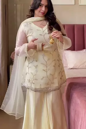 Women's Gorgeous Embroidery Work Georgette Silk Fabric Straight Kurta Sharara and Dupatta Set