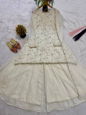 Women's Gorgeous Embroidery Work Georgette Silk Fabric Straight Kurta Sharara and Dupatta Set 3