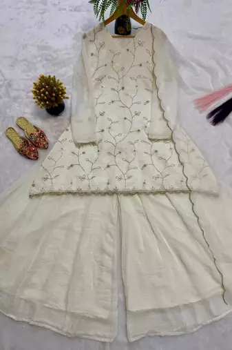 Women's Gorgeous Embroidery Work Georgette Silk Fabric Straight Kurta Sharara and Dupatta Set