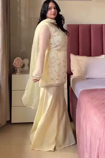 Women's Gorgeous Embroidery Work Georgette Silk Fabric Straight Kurta Sharara and Dupatta Set