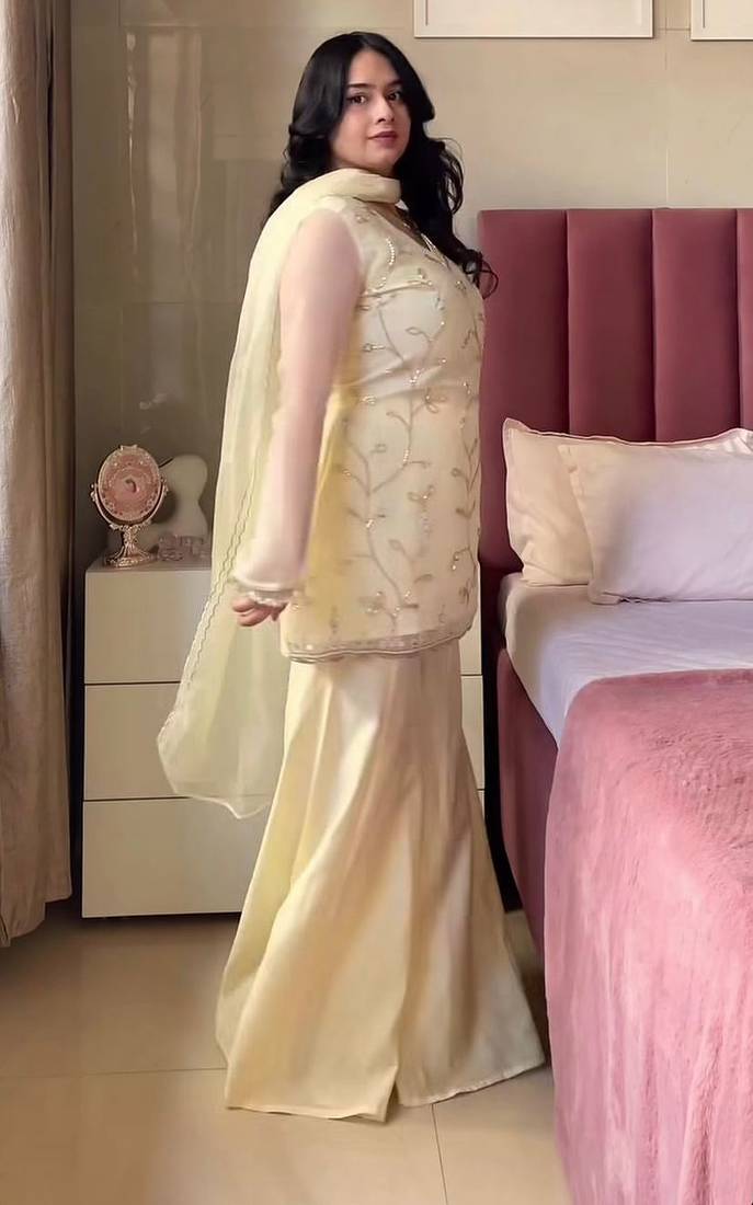 Women's Gorgeous Embroidery Work Georgette Silk Fabric Straight Kurta Sharara and Dupatta Set