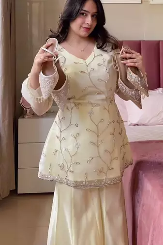 Women's Gorgeous Embroidery Work Georgette Silk Fabric Straight Kurta Sharara and Dupatta Set
