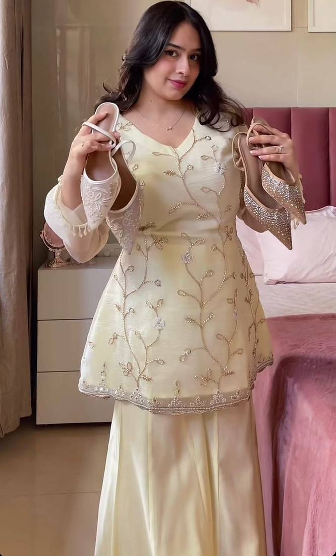Women's Gorgeous Embroidery Work Georgette Silk Fabric Straight Kurta Sharara and Dupatta Set