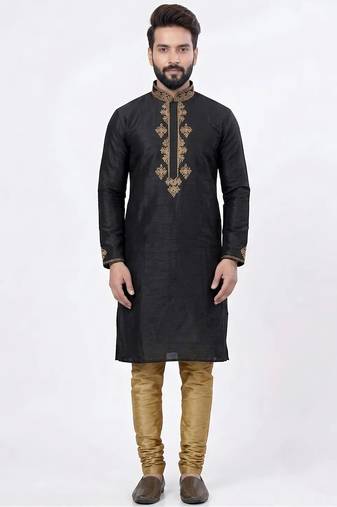 Black silk kurta with embroidery work for men;s