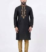 Black silk kurta with embroidery work for men;s
