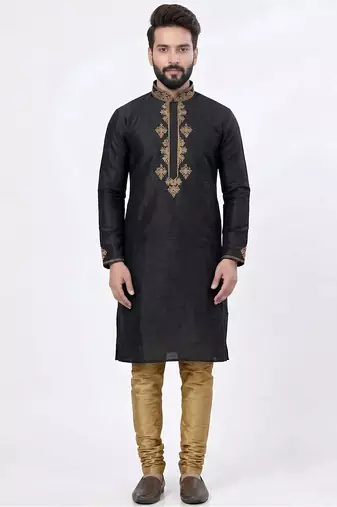 Black silk kurta with embroidery work for men;s