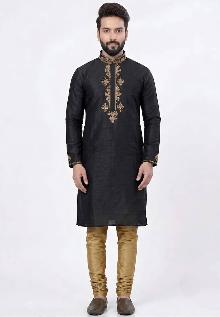 Black silk kurta with embroidery work for men;s