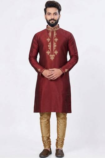 Red silk kurta with embroidery work for men;s