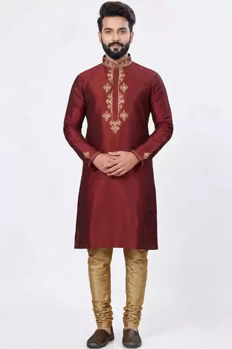 Red silk kurta with embroidery work for men;s