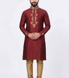 Red silk kurta with embroidery work for men;s