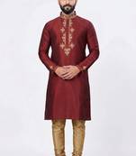 Red silk kurta with embroidery work for men;s