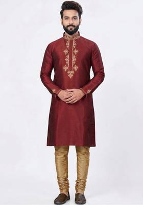 Red silk kurta with embroidery work for men;s 2
