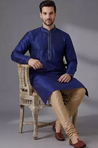 Blue silk kurta with embroidery work for men;s