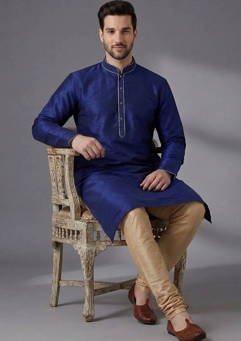 Blue silk kurta with embroidery work for men;s