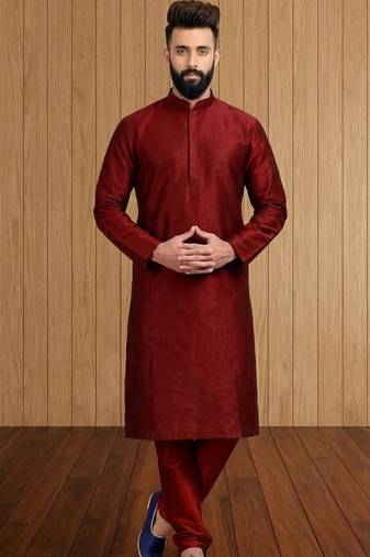 Red plain silk kurta for men's