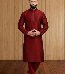 Red plain silk kurta for men's