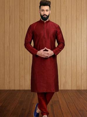 Red plain silk kurta for men's 2