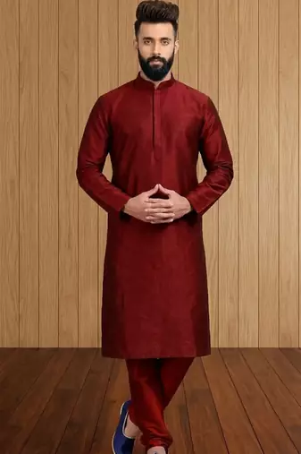 Red plain silk kurta for men's