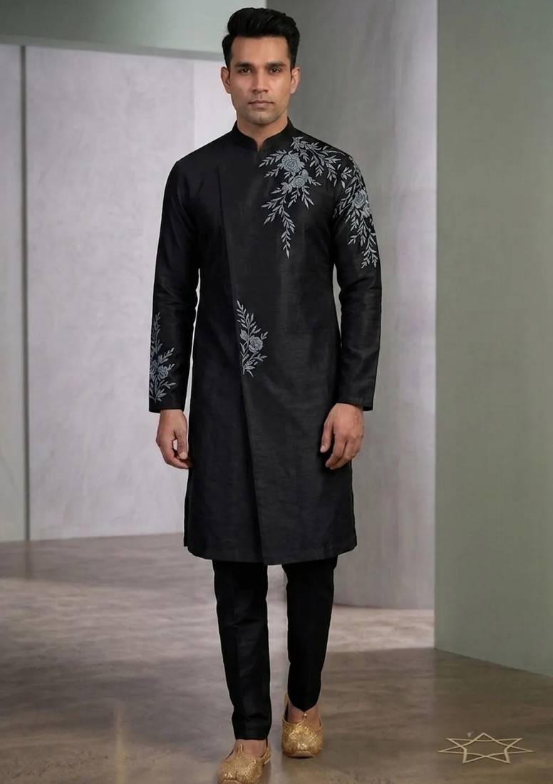 Black silk sherwani for mens