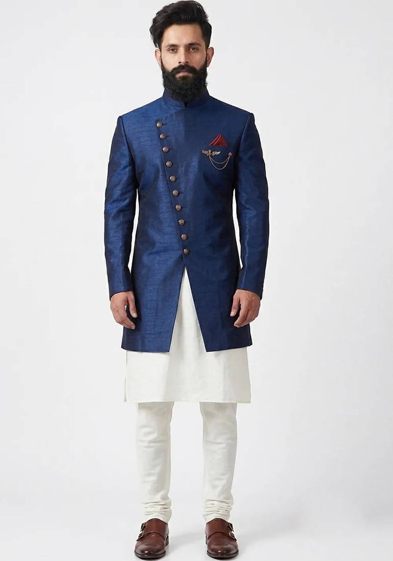 Blue indo silk sherwani for mens
