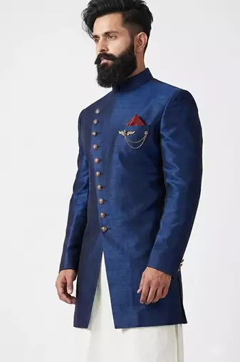 Blue indo silk sherwani for mens