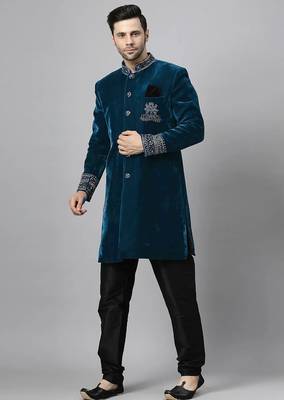 Blue indo velvet sherwani for mens 1