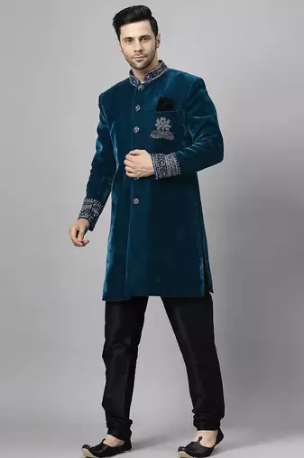 Blue indo velvet sherwani for mens